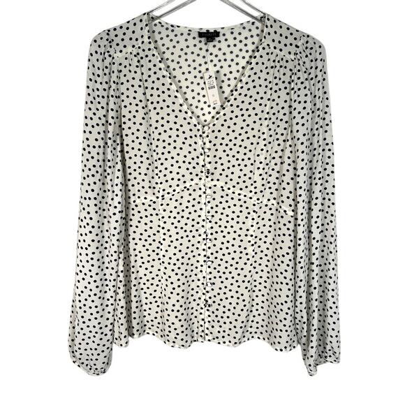 NEW! Talbots V Neck Button Front Blouse 10 White Black Polka Dot Long Sleeve - Picture 1 of 8